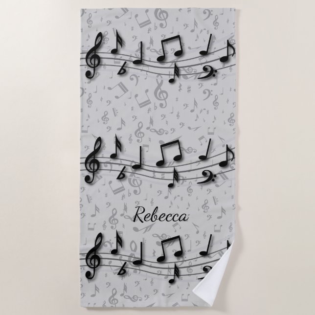 Personalised black and grey musical notes beach towel (Front)