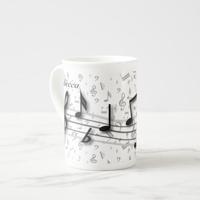 Personalised black and grey musical notes bone china mug (Front Left)