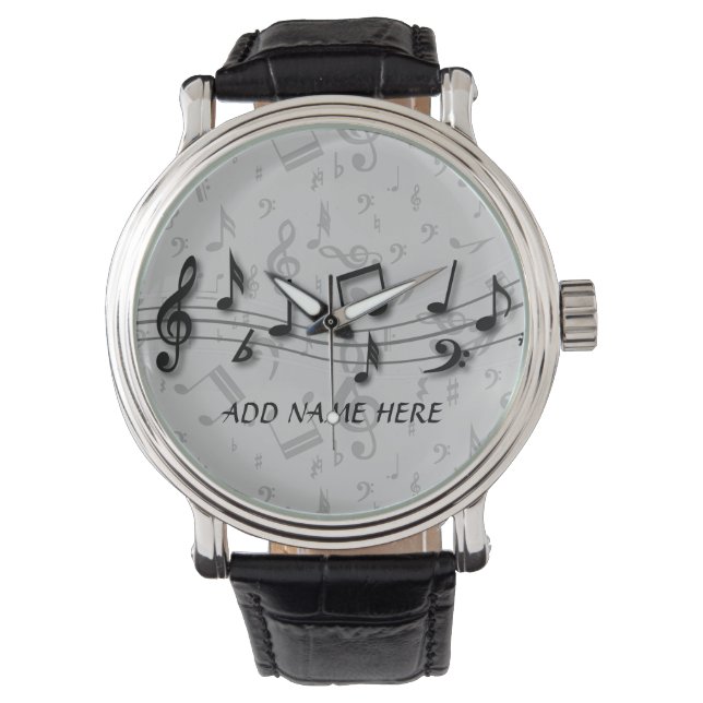 Personalised Black and Grey Musical Notes Watch (Front)