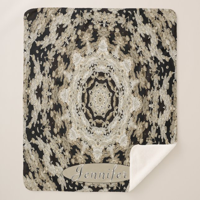 Personalised Black and Ivory Floral Mandala Sherpa Blanket (Front)