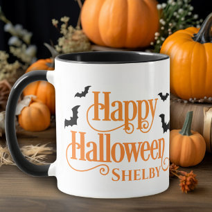 Personalised Black and Orange Happy Halloween Mug
