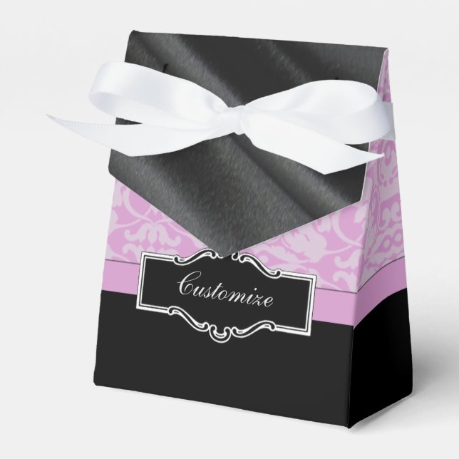 Personalised Black and Pink Damask Favour Box (Front Side)