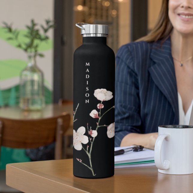 Personalised Black And Pink Floral Water Bottle (Creator Uploaded)
