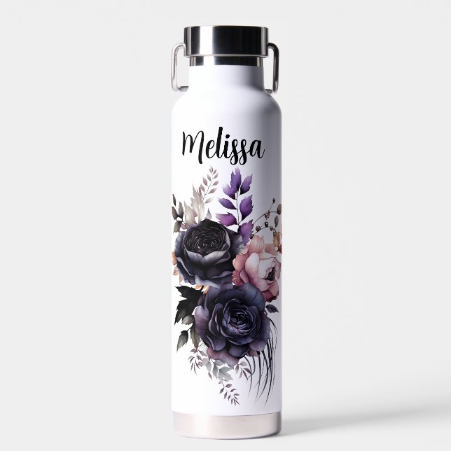 Personalised black and pink floral water bottle (Front)