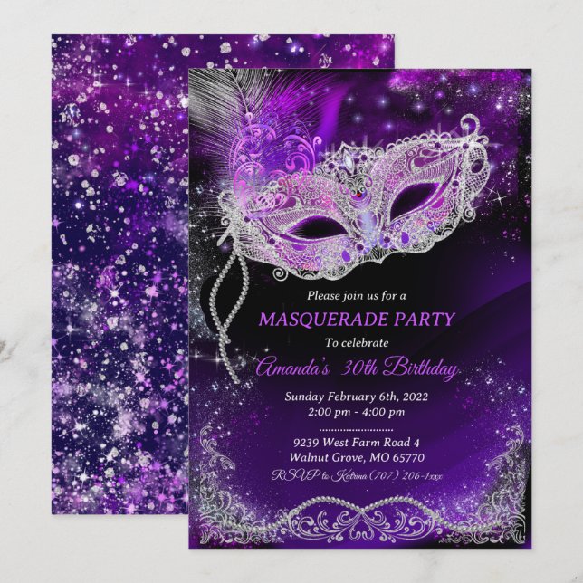 Personalised Black and Purple Birthday Masquerade  Invitation (Front/Back)