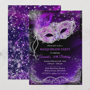 Personalised Black and Purple Birthday Masquerade Invitation