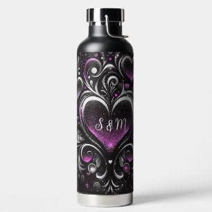 Personalised Black and purple glitter hearts  Water Bottle