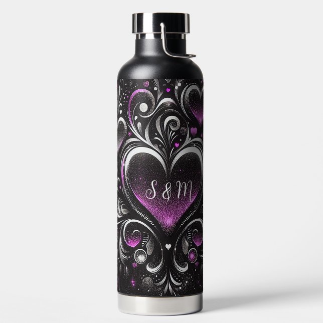 Personalised Black and purple glitter hearts  Water Bottle (Left)
