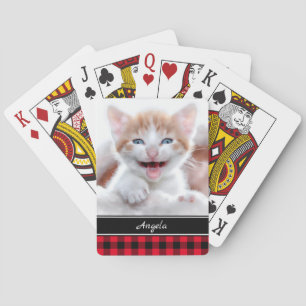 Personalised Black and Red Buffalo Plaid Photo Playing Cards