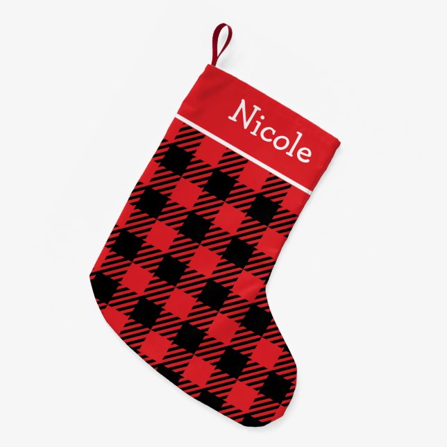 Personalised Black and Red Buffalo Plaid Small Christmas Stocking (Front (Hanging))