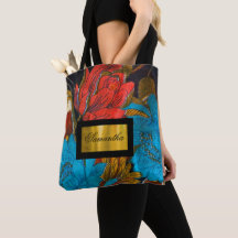 Personalised Black and red floral pattern tote bag