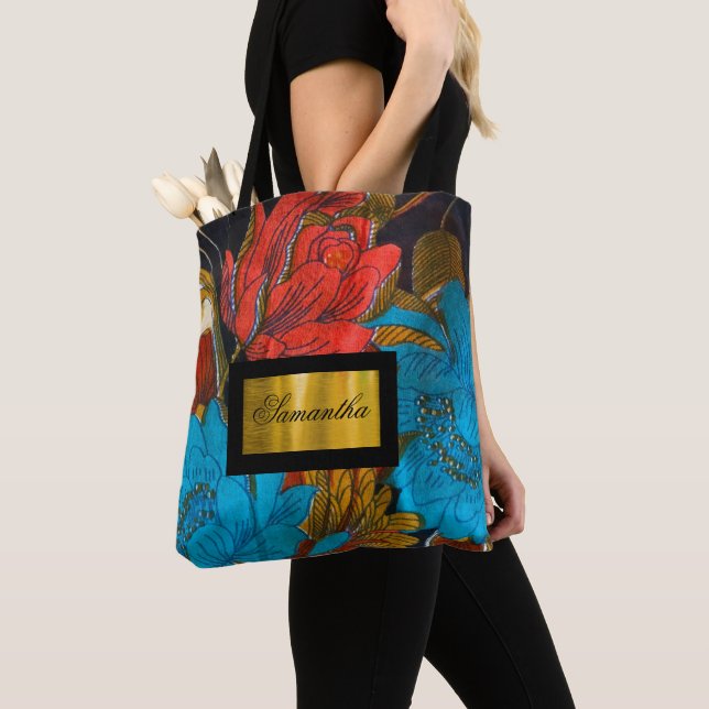 Personalised Black and red floral pattern tote bag (Close Up)