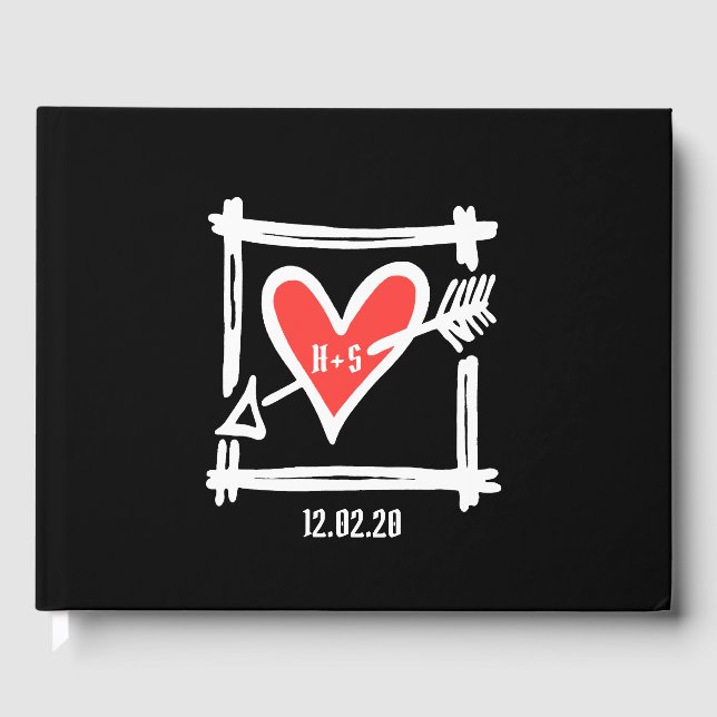 Personalised Black and Red Love Heart Wedding Guest Book (Front)