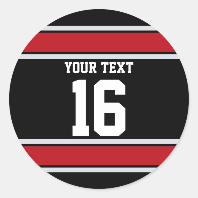 Personalised Black and Red Sports Stripes Classic Round Sticker (Front)