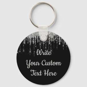 Personalised Black and Silver Glitter Drip Custom  Key Ring