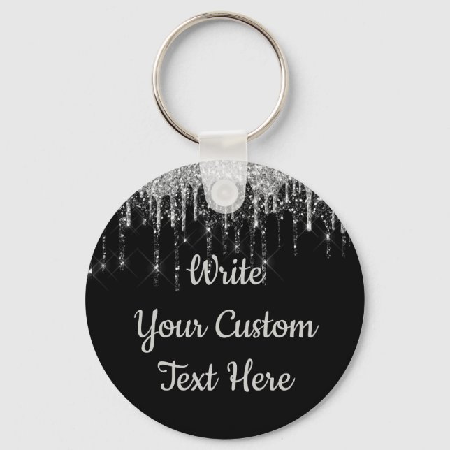 Personalised Black and Silver Glitter Drip Custom  Key Ring (Front)