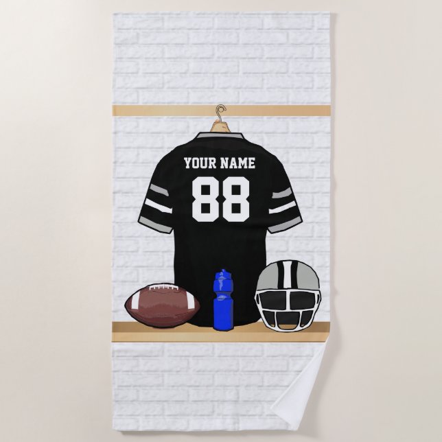 Personalised Black and Silver Grey Football Jersey Beach Towel (Front)