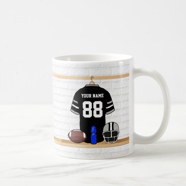 Personalised Black and Silver Grey Football Jersey Coffee Mug (Right)