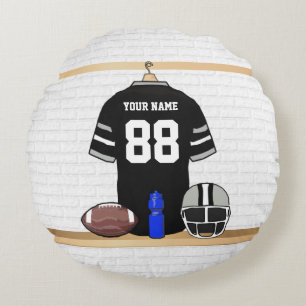Personalised Black and Silver Grey Football Jersey Round Cushion