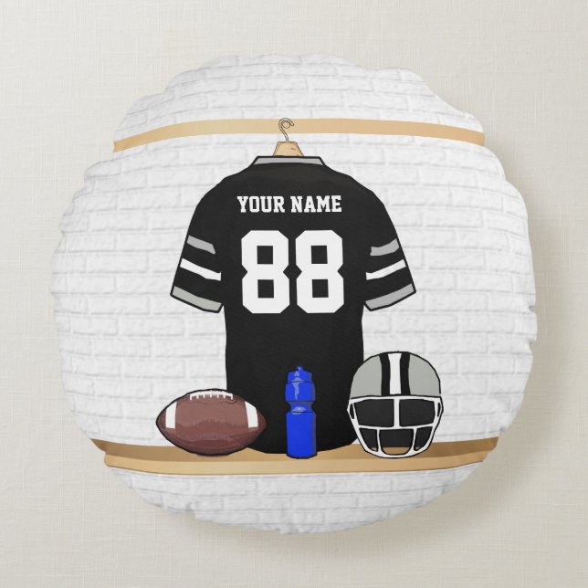 Personalised Black and Silver Grey Football Jersey Round Cushion (Front)