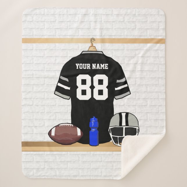 Personalised Black and Silver Grey Football Jersey Sherpa Blanket (Front)