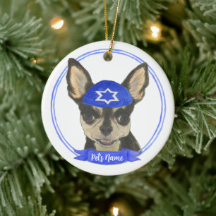 Personalised Black and Tan Chihuahua Yarmulke Ceramic Tree Decoration