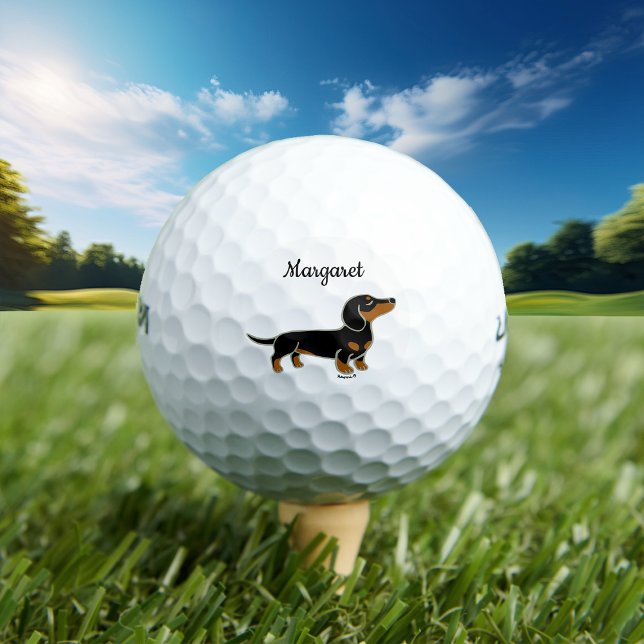 Personalised Black and Tan Smooth Hair Dachshund  Golf Balls (Black and Tan Smooth Haired Dachshund Golf Balls for Doxie owners.  Cute cartoon Dachshund design.)