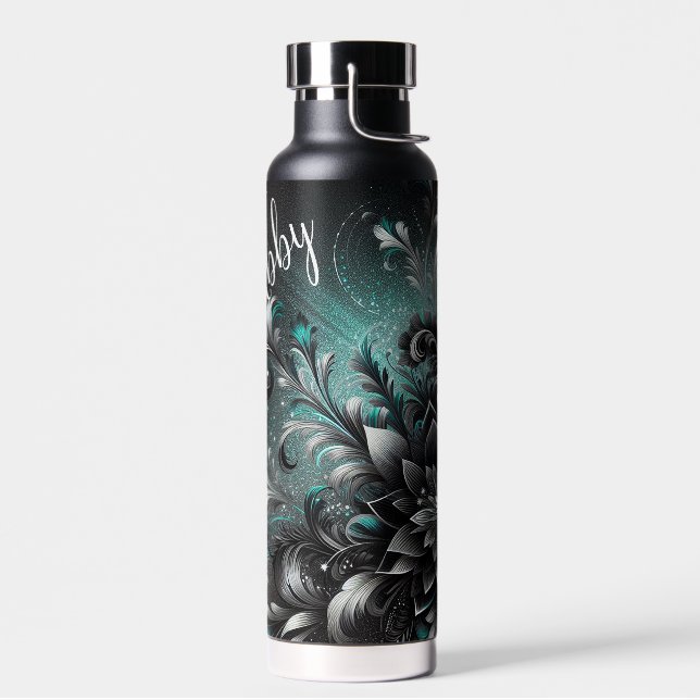 Personalised Black and Teal glitter flowers Water Bottle (Left)