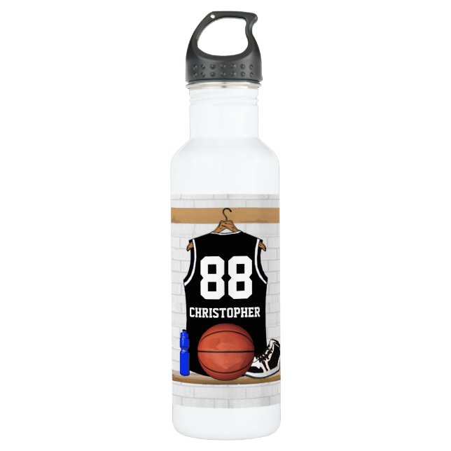 Personalised Black and White Basketball Jersey 710 Ml Water Bottle (Front)