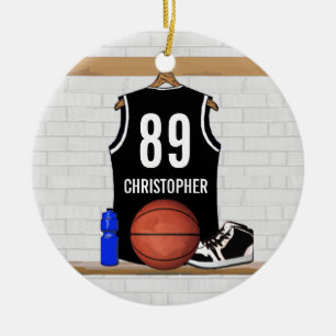 Personalised Black and White Basketball Jersey Ceramic Tree Decoration