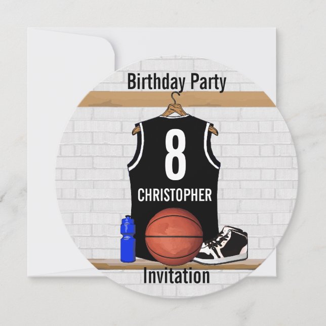 Personalised Black and White Basketball Jersey Invitation (Front)