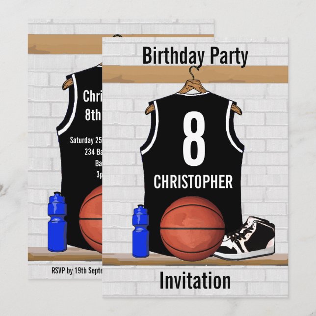 Personalised Black and White Basketball Jersey Invitation (Front/Back)
