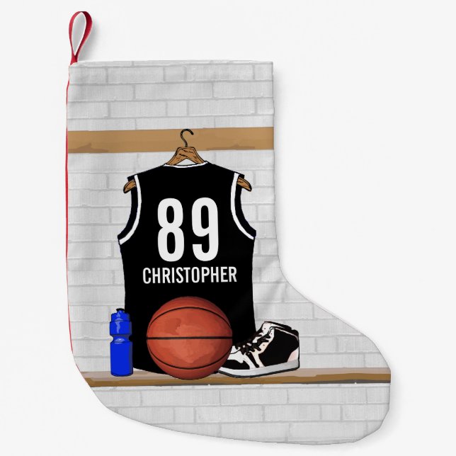 Personalised Black and White Basketball Jersey Small Christmas Stocking (Front)
