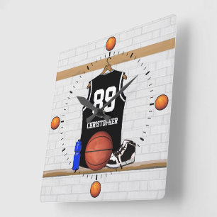 Personalised Black and White Basketball Jersey Square Wall Clock