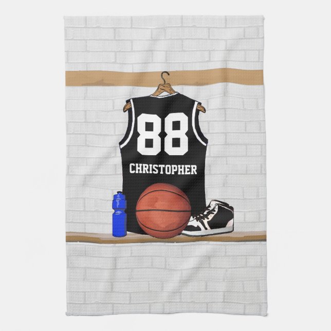 Personalised Black and White Basketball Jersey Tea Towel (Vertical)