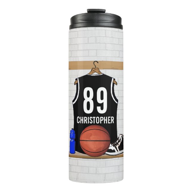 Personalised Black and White Basketball Jersey Thermal Tumbler (Front)