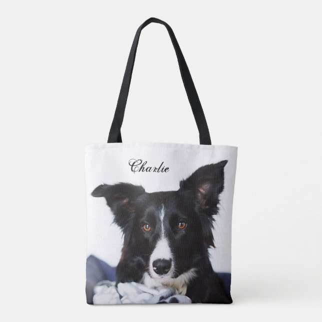 Personalised Black and White Border Collie Tote Bag (Back)