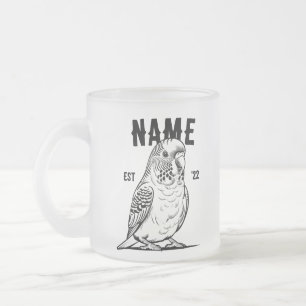 Personalised Black and White Budgie Frosted Glass Coffee Mug