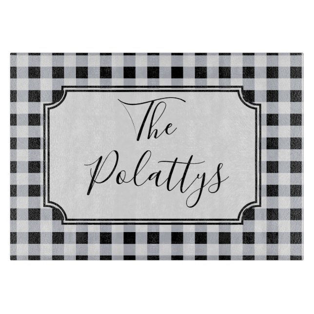 Personalised Black and White Buffalo Check Plaid Cutting Board (Front)
