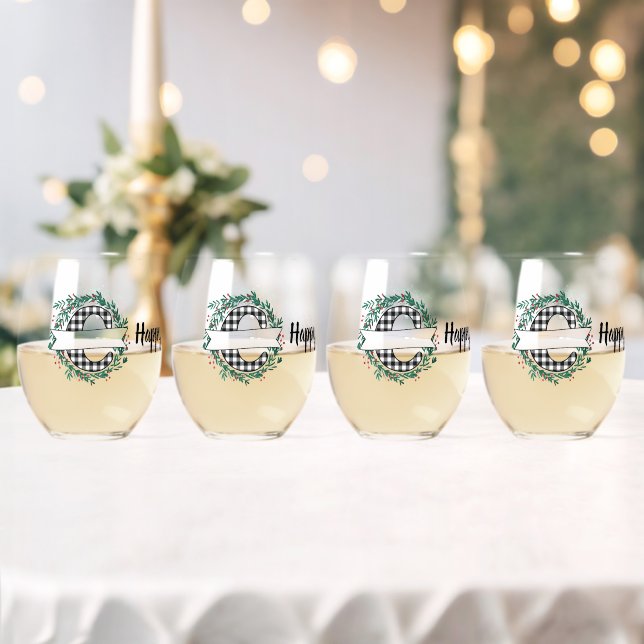 Personalised Black And White Buffalo Plaid (C) Stemless Wine Glass (Insitu (Wedding))