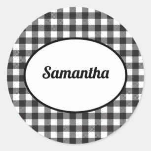 Personalised Black and White Buffalo Plaid Classic Round Sticker