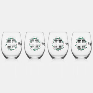 Personalised Black And White Buffalo Plaid (H) Stemless Wine Glass