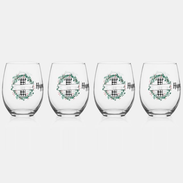 Personalised Black And White Buffalo Plaid (I) Stemless Wine Glass (Front)