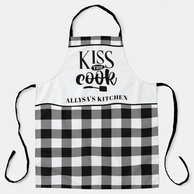 Personalised Black and White Buffalo Plaid Kitchen Apron (Front)