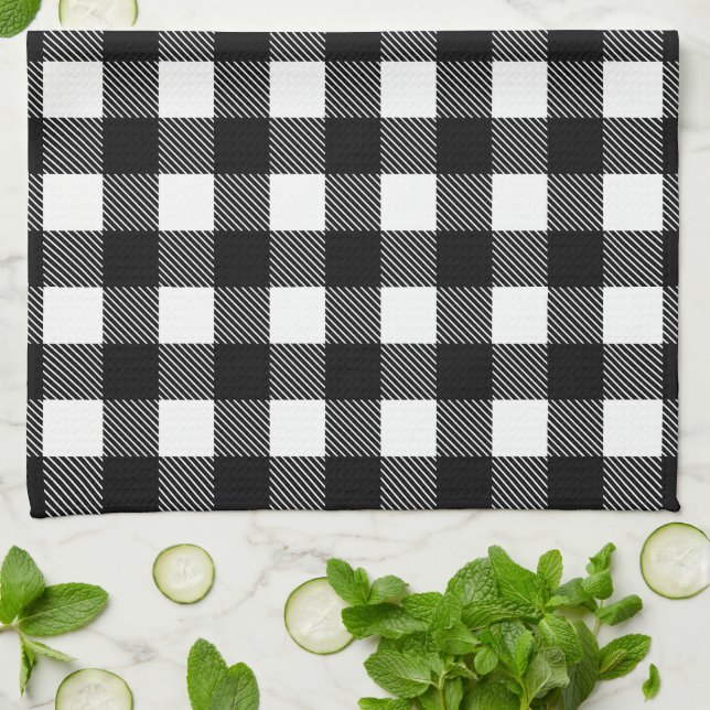 Personalised Black and White Buffalo Plaid Kitchen Tea Towel (Folded)