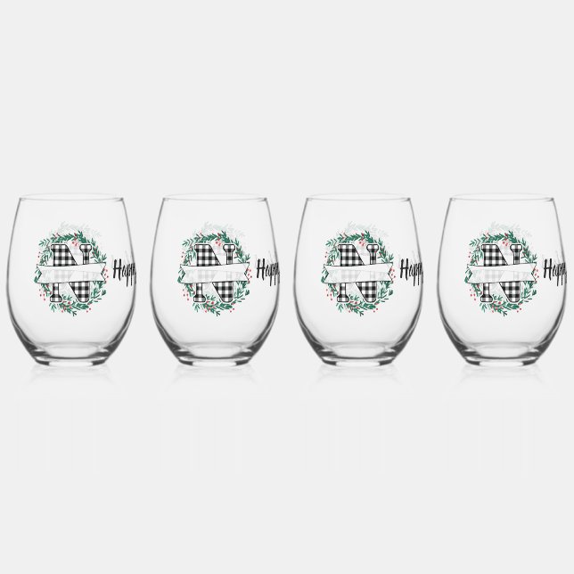 Personalised Black And White Buffalo Plaid (N) Stemless Wine Glass (Front)