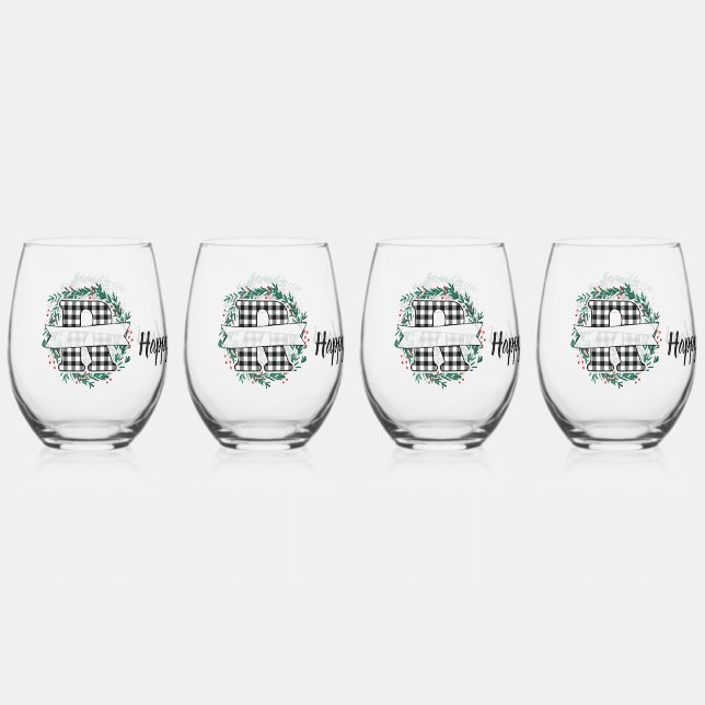Personalised Black And White Buffalo Plaid (R) Stemless Wine Glass (Front)