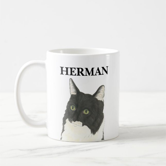 Personalised Black and White Cat Beverage Coaster Coffee Mug (Left)