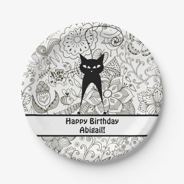 Personalised Black and White Cat Birthday Plates (Front)