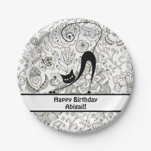Personalised Black and White Cat Birthday Plates